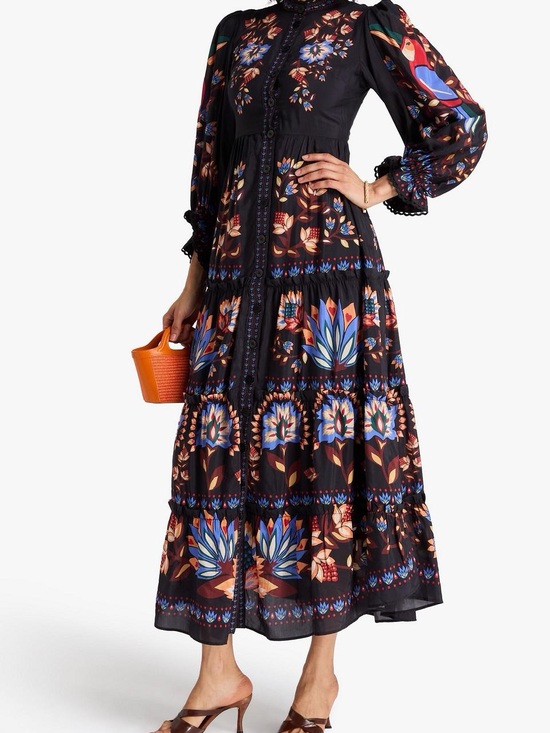 FARM Rio Dresses & Skirts - Farm Rio Button Bohemian Floral Tiered Maxi Dress - Black with Multicolor Prints
